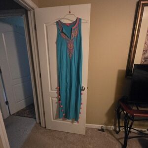 Lilly Pulitzer Turquoise Maxi Dress with Pink Embroidery
